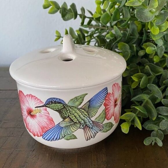 Vintage D.L. Burkhart Hummingbird and Hibiscus Garlic Keeper Jar with Lid - Picture 2 of 6